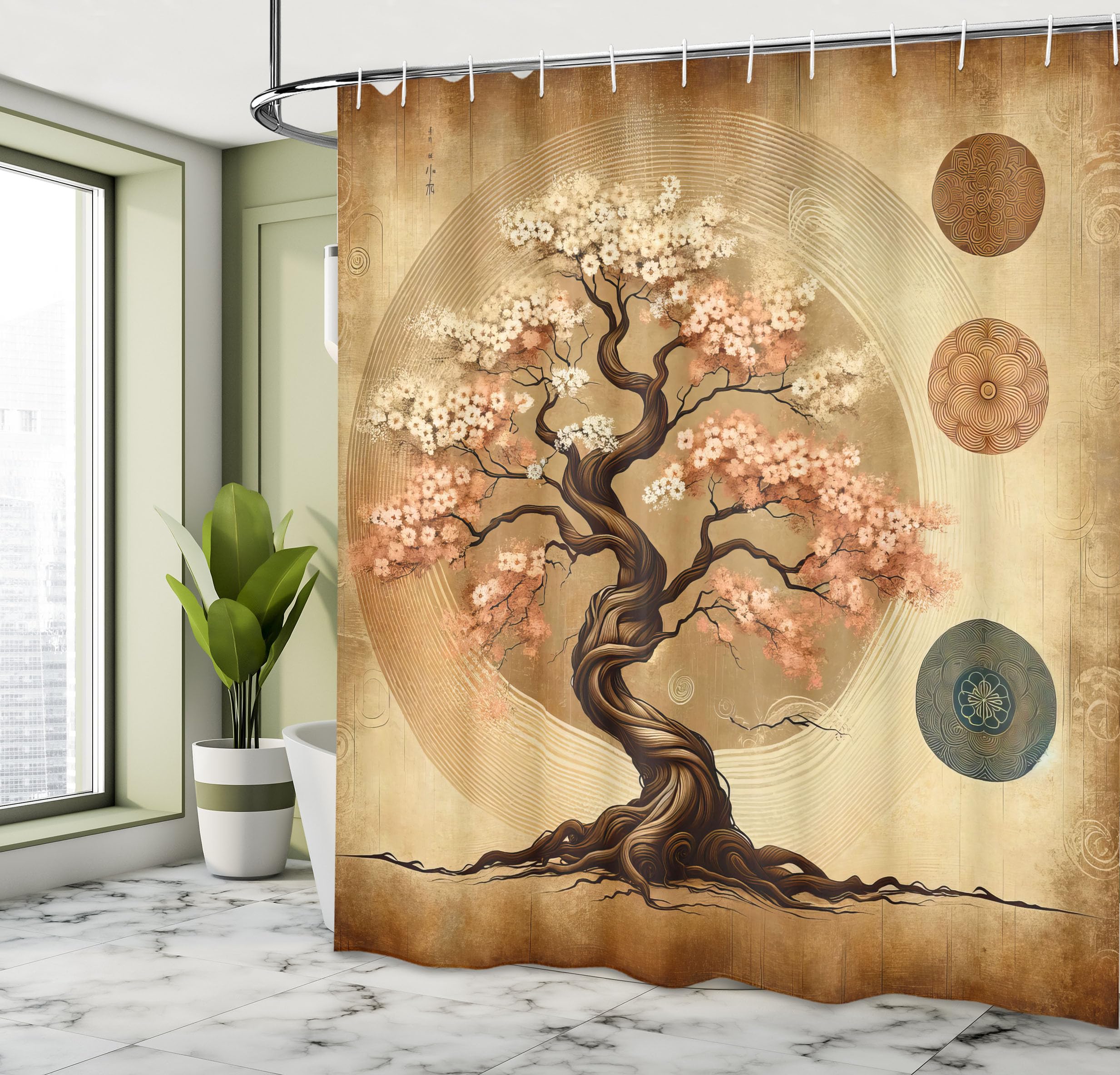 Ambesonne Brown Shower Curtain, Ethnic Weathered Style Spring Tree Japanese Garden Rustic Folkloric Motif, Cloth Fabric Bathroom